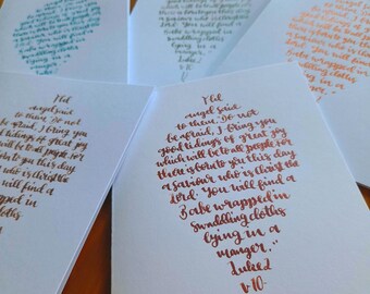 Christmas Bible verse bauble cards, pack of 5 (A6 size, envelopes included): Luke 2v20-12.