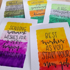 Pack de cartes de voeux mixtes rayées aquarelle # 1 ~ 5 cartes (format A6, enveloppes blanches incluses). Carte de voeux de calligraphie, carte aux couleurs de l'arc-en-ciel.
