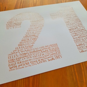 Numéros d'anniversaire personnalisés ~ mots, nombre et couleur (format A4). Cadeau d'anniversaire, âge spécial pour l'anniversaire, numéro de calligraphie manuscrite.