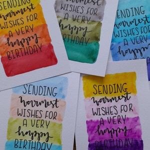 Confezione di biglietti di auguri di compleanno a strisce acquerellate ~ 5 biglietti (formato A6, buste bianche incluse). Biglietto di auguri di compleanno calligrafico, biglietto con tonalità arcobaleno.