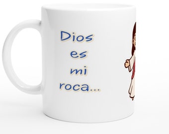 Taza de cerámica blanca; 11 onzas Para ti o para regalo. Texto En Español. Texto en español. Motivo religioso. Personalizable.