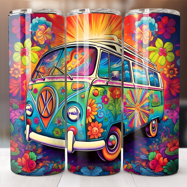 Retro Hippie VW colorful 20 oz Skinny Tumbler Sublimation Design, Instant Digital Download PNG, Straight Tumbler Wrap