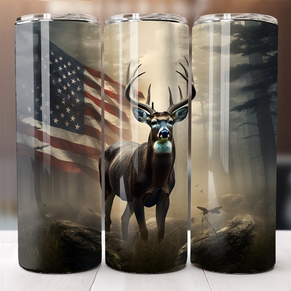 Deer with American flag 20oz Skinny Tumbler Sublimation Design, Instant Digital Download PNG, Straight Tumbler Wrap