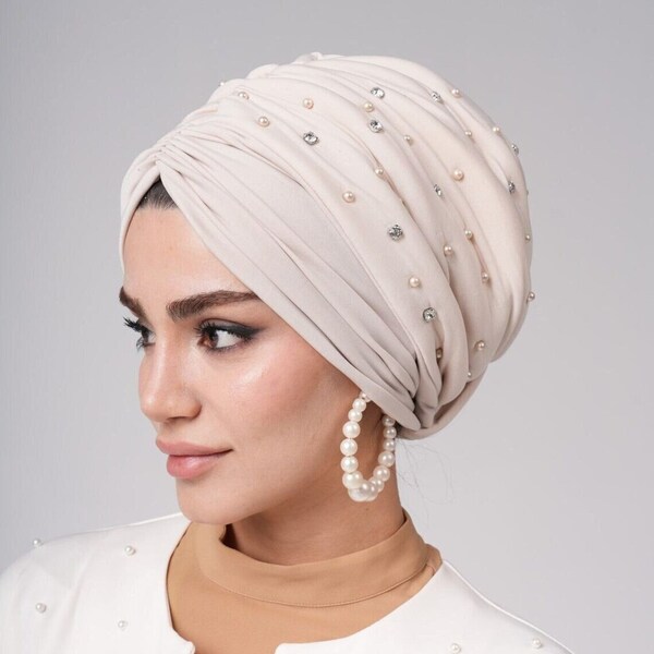 Wedding Turban Hat PreTied Turban Silk Turban Pretied Headwrap Pearly Turban Stretchy Headwraps Modest Fashion  Women Turban Wraps