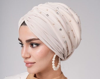 Wedding Turban Hat PreTied Turban Silk Turban Pretied Headwrap Pearly Turban Stretchy Headwraps Modest Fashion  Women Turban Wraps