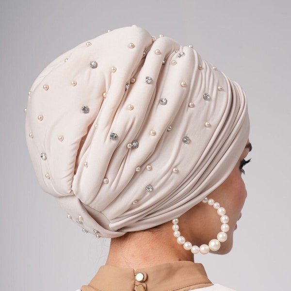 Embellished Wedding Turban Silk Fashion Turban Pretied Headwrap Pearly Turban Stretchy Headwraps,Women Turban Wraps Turban Hat Gift