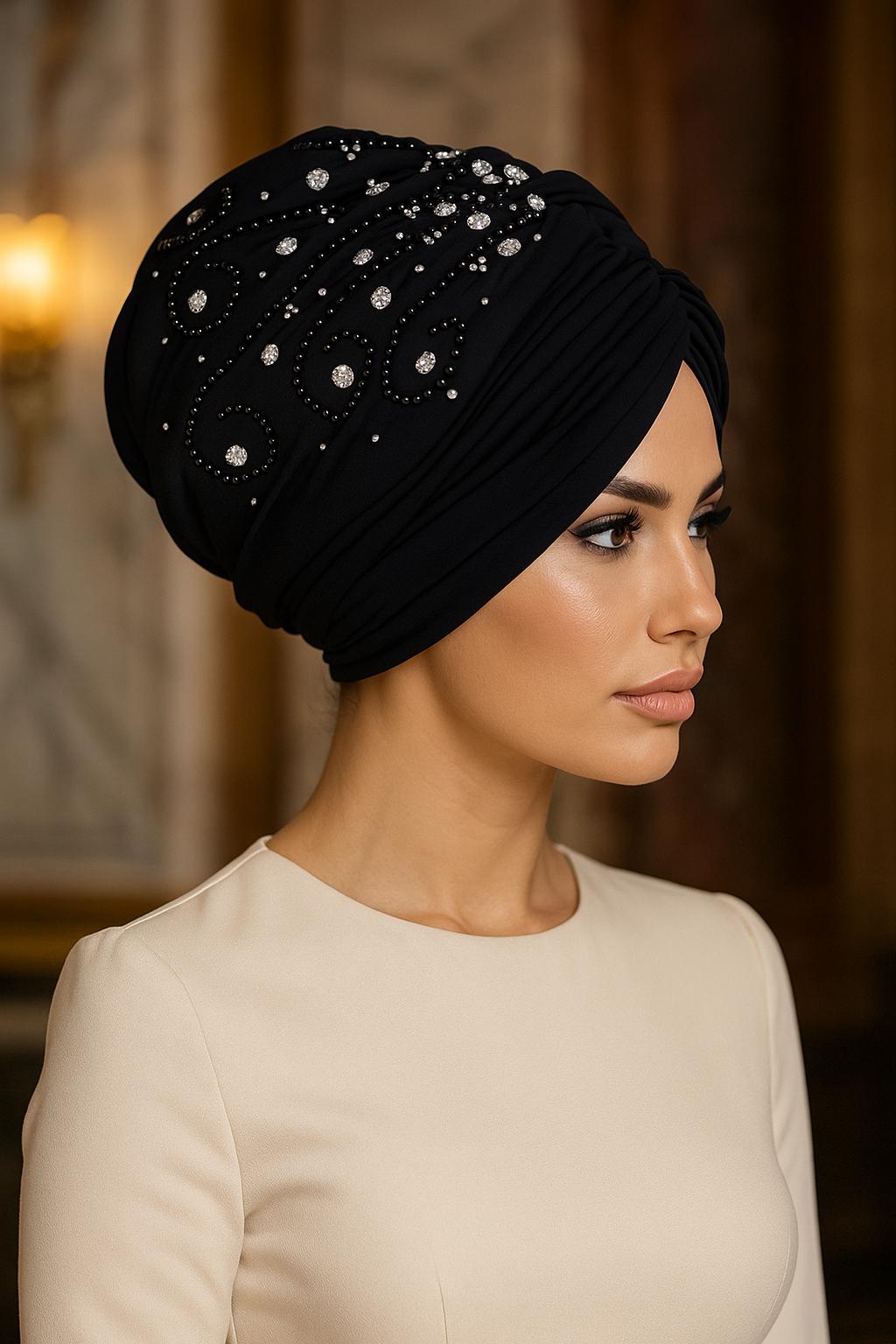 Pearl & Rhinestone Embroidered Black Turban: African  display picture 1