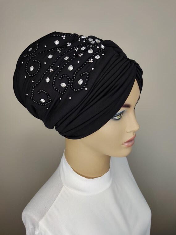Pearl and Diamond Embroidered Black African Turban Headwrap,Fancy Turban  Jeweled Turban Silk Turban Pretied Headwrap,African Women Gift