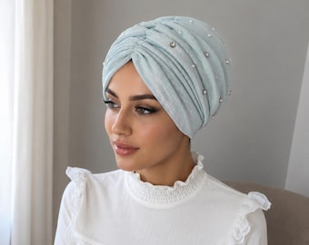 Turbante azul menta brillante / Turbante hijab con perlas y diamantes de imitación / Tocado elegante con purpurina