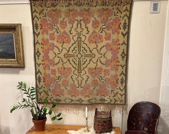 1800s RARE Norwegian tapestry, Sogn og Fjordane, Traditional cabin / farmhouse wall hanging. Hand Woven Rug Coverlet, nature plant colors