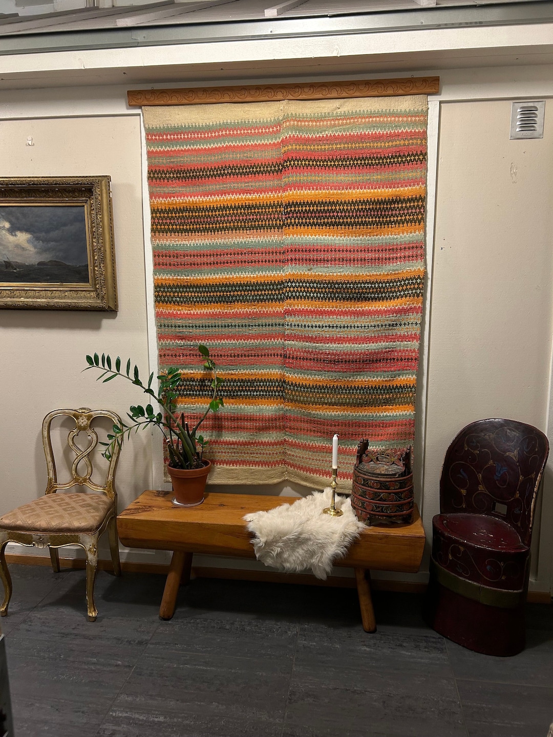 1700s Primitive Antique Hanging Rug Tapestry Coverlet, LARGE 178x123cm ...