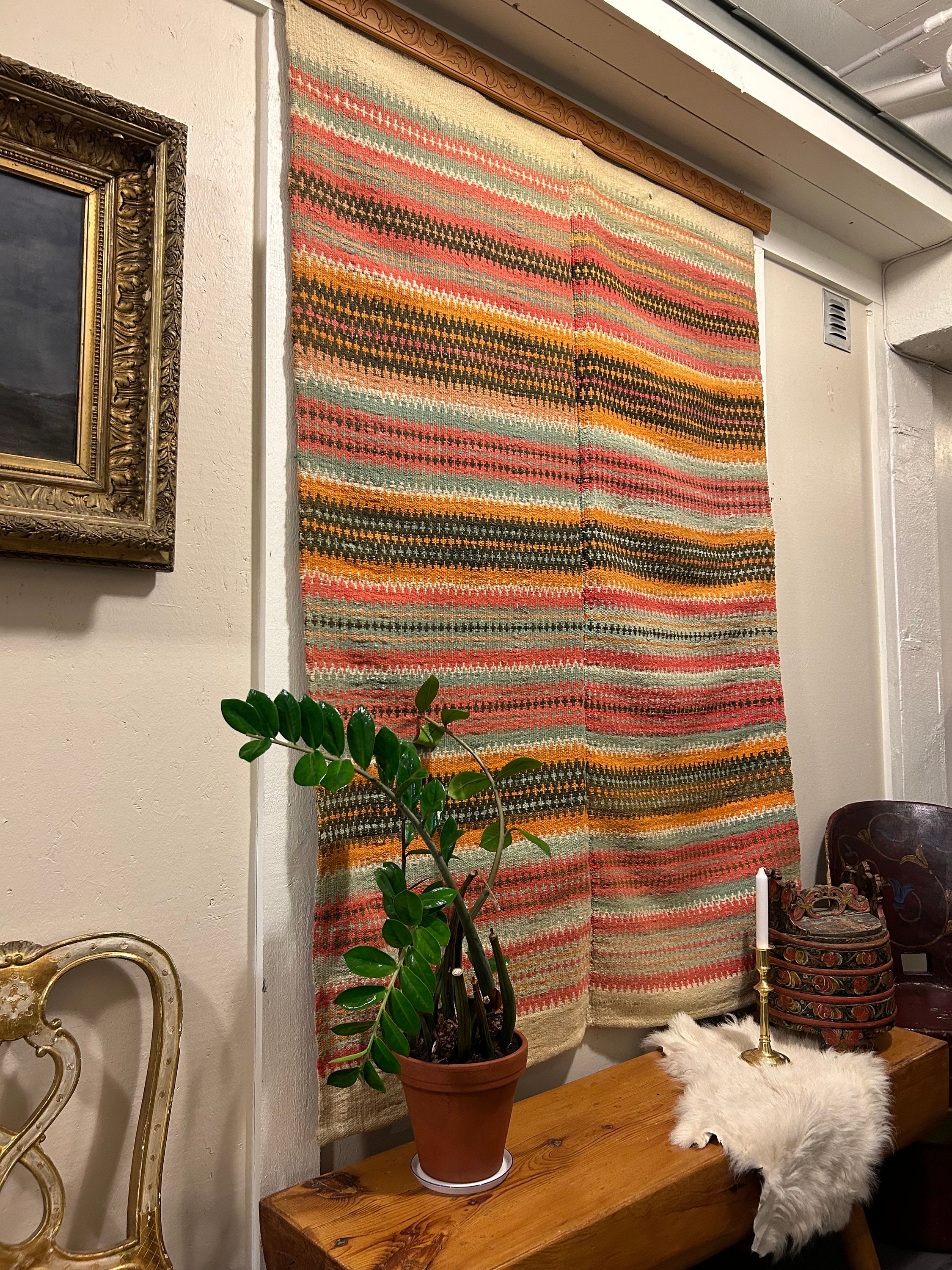 1700s Primitive Antique Hanging Rug Tapestry Coverlet, LARGE 178x123cm ...
