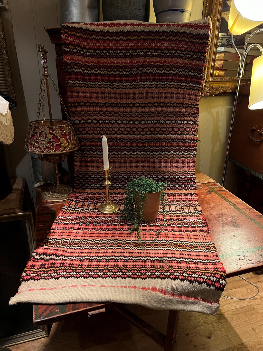 17/1800s Primitive Antique Hanging Rug / Table Runner, Hand Woven Cabin ...