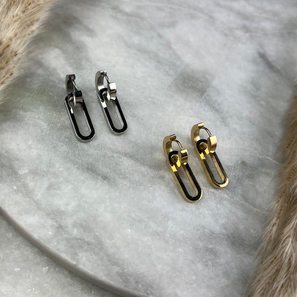 Silberne oder goldene Ohrringe, Nickelfreie Ohrringe aus Edelstahl, Länge von 2,5 cm und eine Breite von 0,2 cm, mit klemmbaren Verschluss
