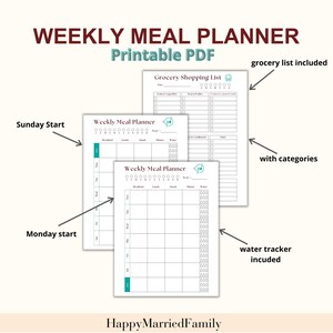 Weekly Meal Planner with Grocery List Printable, Menu Plan, Weekly Food Shopping List, Family Meal Planner