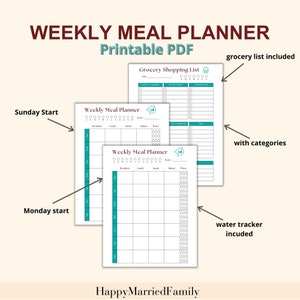 Weekly Meal Planner with Grocery List Printable, Menu Plan, Weekly Food Shopping List, Family Meal Planner
