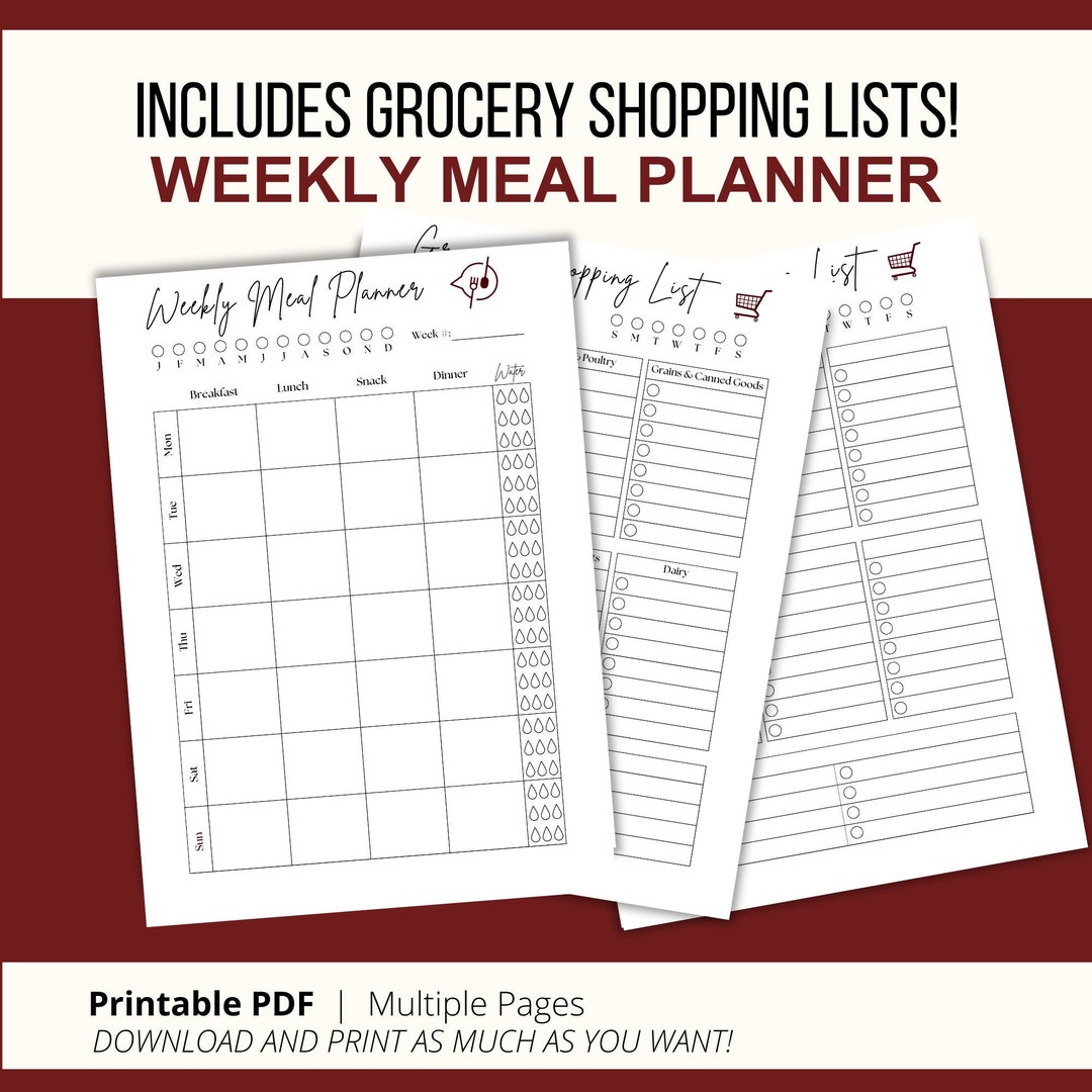Weekly Meal Planner With Grocery List Printable, Menu Plan, Weekly Food ...