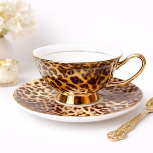 Leopard Teetassen Set, Bone China, Teetasse mit Untertasse & Löffel, Vintage Teeset,  Geschenk für Teeliebhaber