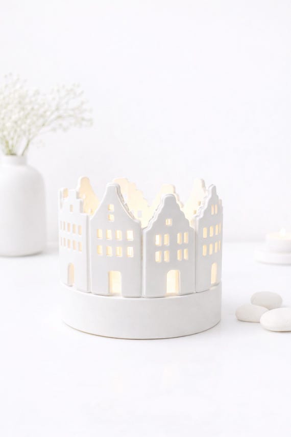 Windlicht Keramik Häuser weiß – Teelichthalter rund, Lichthaus Deko, Hygge Licht, Tischdeko, skandinavische Wohnaccessoires