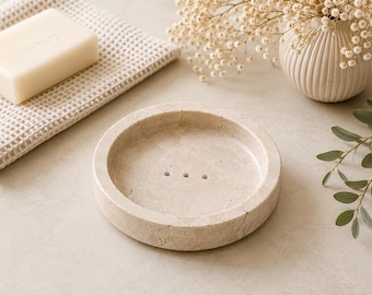 Honey marble soap dish, round marble soap holder, minimalist bathroom decor, natural stone soap dish, spa & wellness accessory