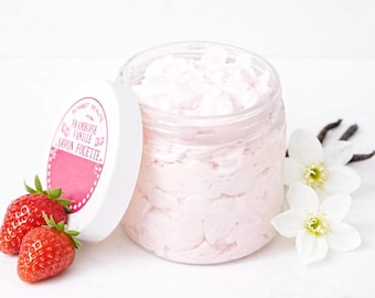 Erdbeer Vanille Duschbutter, Geschlagene Duschseife, Vegane Body Butter zum Duschen, Naturkosmetik, Geschenk für Frauen