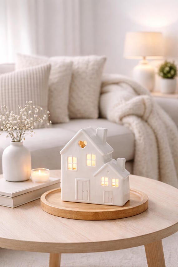 Lichthaus weiß aus Steingut – Teelichthaus groß, Haus Deko Keramik, Hygge Licht, Geschenkidee, Wohnaccessoire
