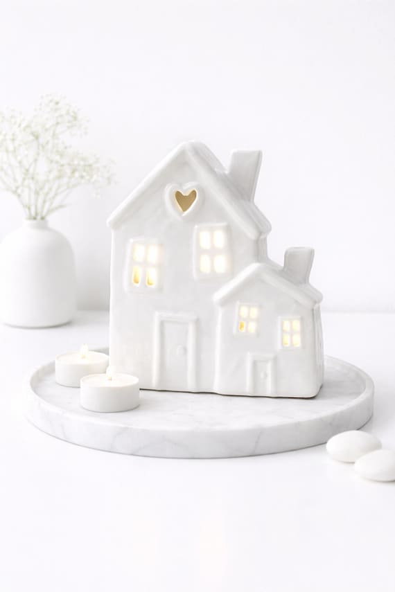 Lichthaus weiß aus Steingut – Teelichthaus groß, Haus Deko Keramik, Hygge Licht, Geschenkidee, Wohnaccessoire