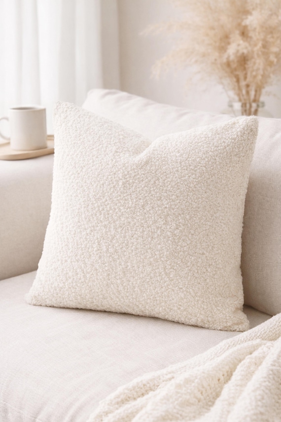 Bouclé Kissen Creme Weiß 45x45, Dekokissen modern, Sofakissen weich, Zierkissen minimalistisch, mit oder ohne Füllung