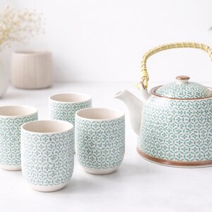 Keramik Teeset mit Teekanne & 4 Bechern, grünes Mosaik Muster, Teekanne mit Sieb, modernes Teeservice