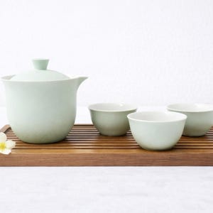 Ceramic Tea Travel Set with Bag, Teapot & 3 Teacups, Mini Tea Service for On the Go, Mint Green
