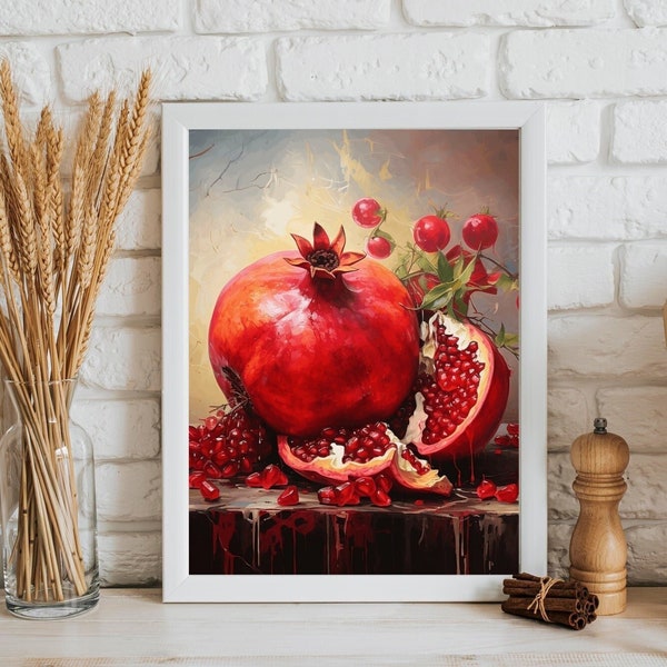 Abstraktes Granatapfel Gemälde  - Wall Art, als Poster oder Leinwand bestellbar, Moderne Obst Art, Kitchen Decor, Home Decor