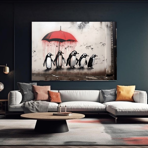 Penguins Wall Art | Banksy Style | Graffiti Art | Street Pop Art | Printable Wall Art | Poster | Art Print | Black White | Poster or Canvas