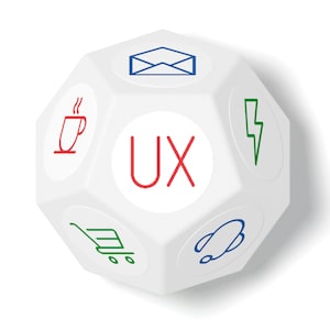 Puede incluir: Un dado blanco de múltiples caras con las letras "UX" en rojo. El dado presenta varios iconos en azul, verde y rojo, incluyendo una taza de café, un sobre, un carrito de compras, un rayo y un cohete estilizado. El diseño es limpio y moderno.