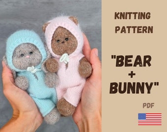 Knitting Pattern toys, Knitted bear, Knitted Bunny, Knitted Toy in clothes, Toy bear, Toy bunny, Stuff animal pattern