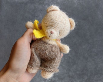 Small knitted teddy bear in clothes, Knitted newborn prop toy, Finished handmade pocket toy, Stuffed knitted animal toy