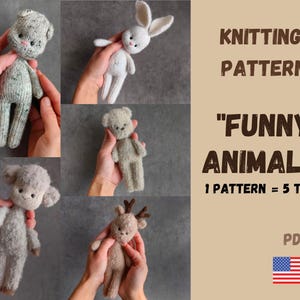 Knitting animals pattern. Knitted bunny, kitty, bear, sheep, reindeer, Step by step tutorial, DIY knitted gift. English PDF. Knitted animal
