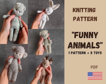 Knitted Animal Toys Pattern: Bunny, Kitty, Bear, Sheep, Reindeer (PDF)