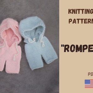 May include: Knitting pattern for a baby romper with a hood. The pattern is available in PDF format and is for a romper in pink and blue.