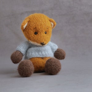 Stuffed knitted fox toy, Small finished toy with clothes, Handmade Soft animal toys, Gift for mom foxes