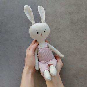 Textile funny stuffed bunny doll, Lovely bunny toy, Birthday gift toy, Unique baby shower gift, Handmade toy bunny in clothes