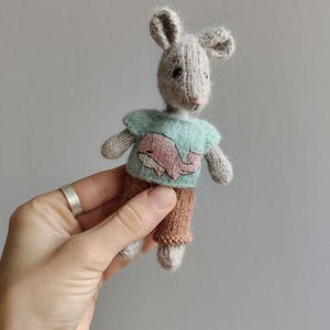 Stuffed knitted mouse toy, Small finished toy with clothes, Handmade Soft animal toys, Gift for mom mouse, Dollhouse mouse toy