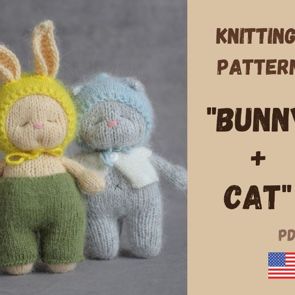 Knitting patterns rabbit and cat, Knitted toy animal, Amigurumi rabbit, Knitting scheme of a sleeping kitten, PDF in English