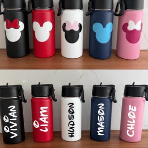 Personalized Mickey & Minnie Mouse Ears - Kids Stainless Steel Water Bottle, Tumbler w Folding Straw  - 16oz