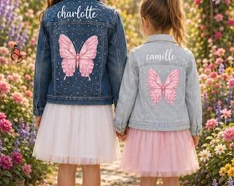 Personalized Girls Denim Jacket | Butterfly | Custom Name | Crystal Rhinestone | Kids Birthday Gift | Toddler to Girls Sizes