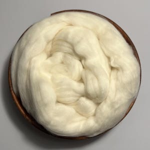 Pu&ograve; includere: Una ciotola di legno piena di stoppino di lana bianco crema. La lana &egrave; fittamente imballata e appare morbida e soffice, ideale per progetti di arte tessile come la filatura o la feltatura. La ciotola ha un bordo marrone scuro.