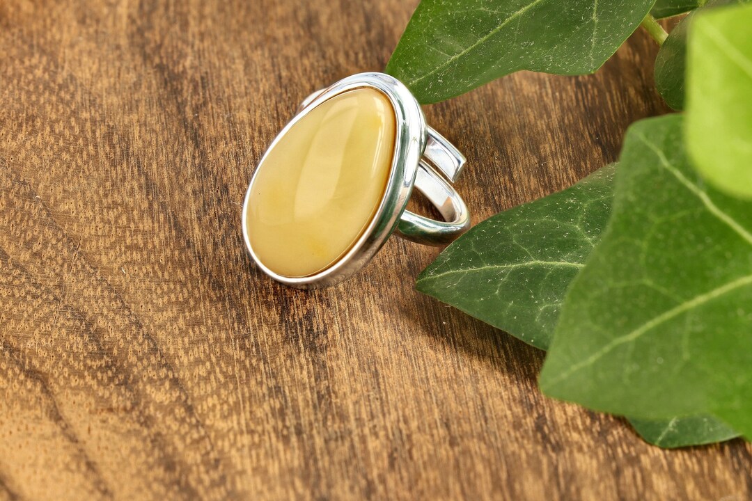 Silver Ring With Milky Amber, Adjustable - Etsy