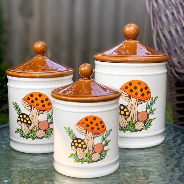 Vintage 1982 Sears Mushroom Canisters, set of 3