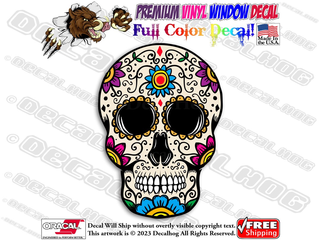 Color Flowers Sugar Skull Full Color Car Truck Laptop Wall Window Graphics Vinyl Decal Bumper ...