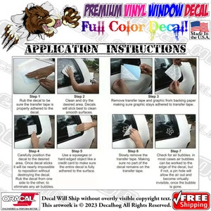 May include: Instructions for applying a full color vinyl window decal. The instructions include seven steps with images showing each step. The steps include rubbing the decal, cleaning the surface, removing the transfer tape, positioning the decal, using a squeegee, removing the transfer tape, and checking for air bubbles.