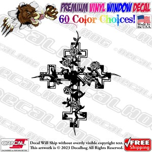 Highly Detailed Cross Covered In Roses Vinyl Decal Car Truck Laptop Wall Window Graphics Bumper Sticker.